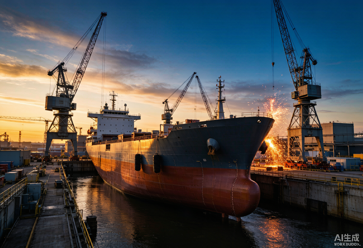 Shipyard with vessel under construction